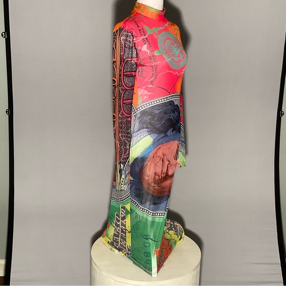 No 1 Los Angeles Long Sleeve Stretch Dollar Print Mesh Bodycon Sexy Maxi Dress - Picture 7 of 14